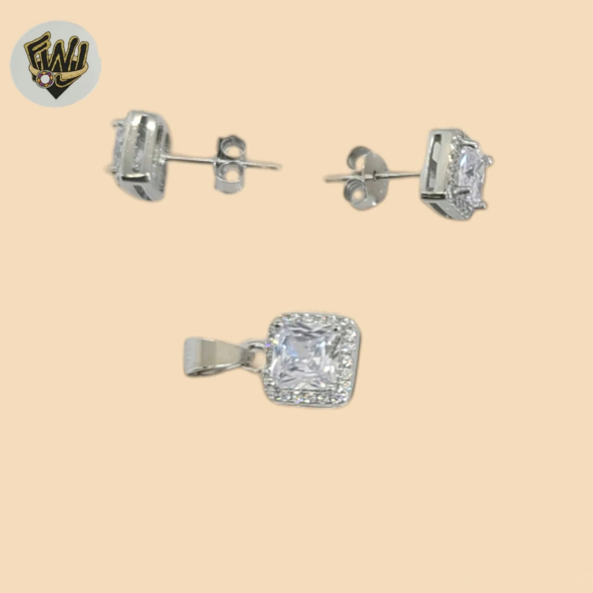 (2-6402) 925 Sterling Silver - Zircon Square Stone Set.