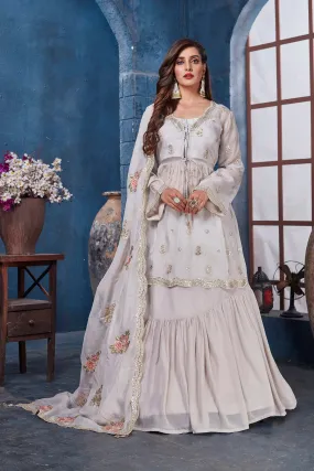 300538-A Blue Embroidered Kurta with Skirt and Dupatta