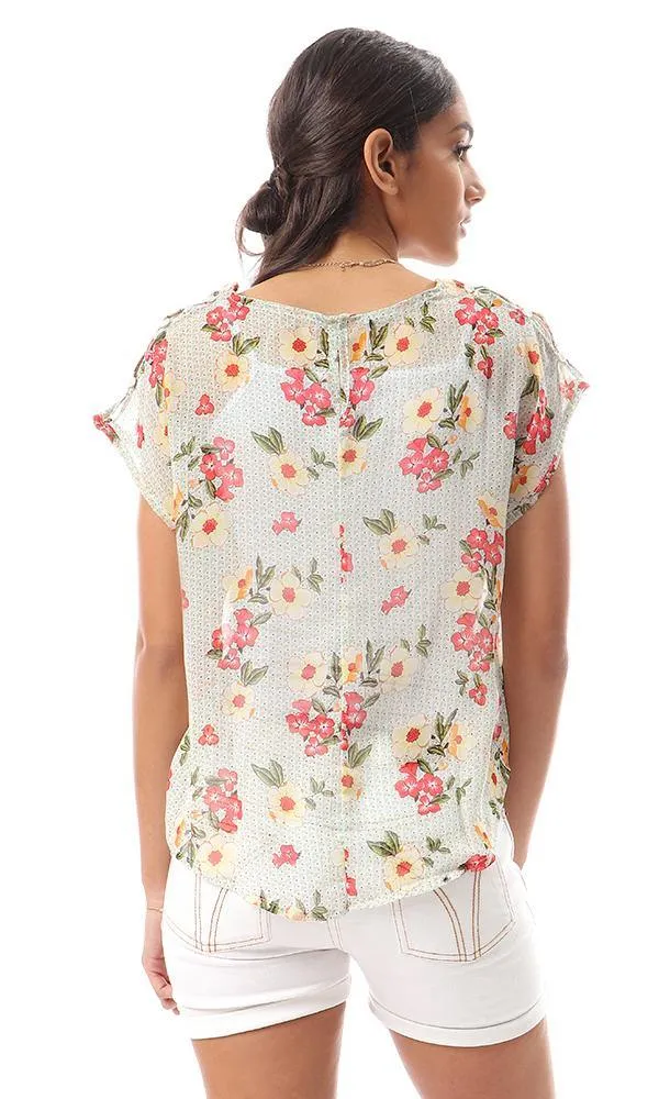 57082 Multicolour Floral Chiffon Blouse With Front Tie