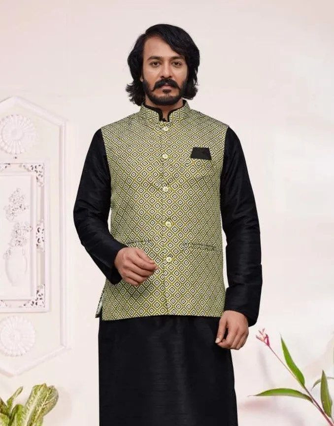 Appealing Black Color Silk Kurta Jacket With Cotton Pajama Set