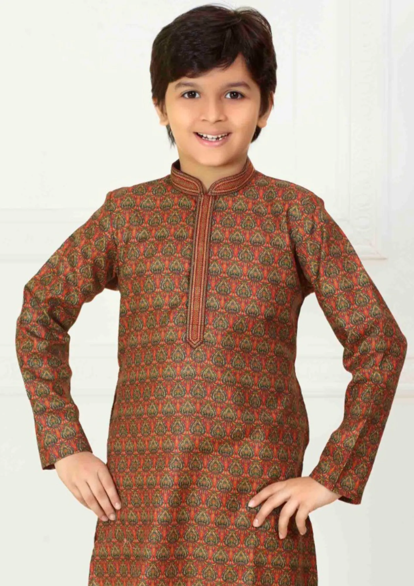 Appealing Brown Color Designer Poly Cotton Kurta Pajama Set For Kids