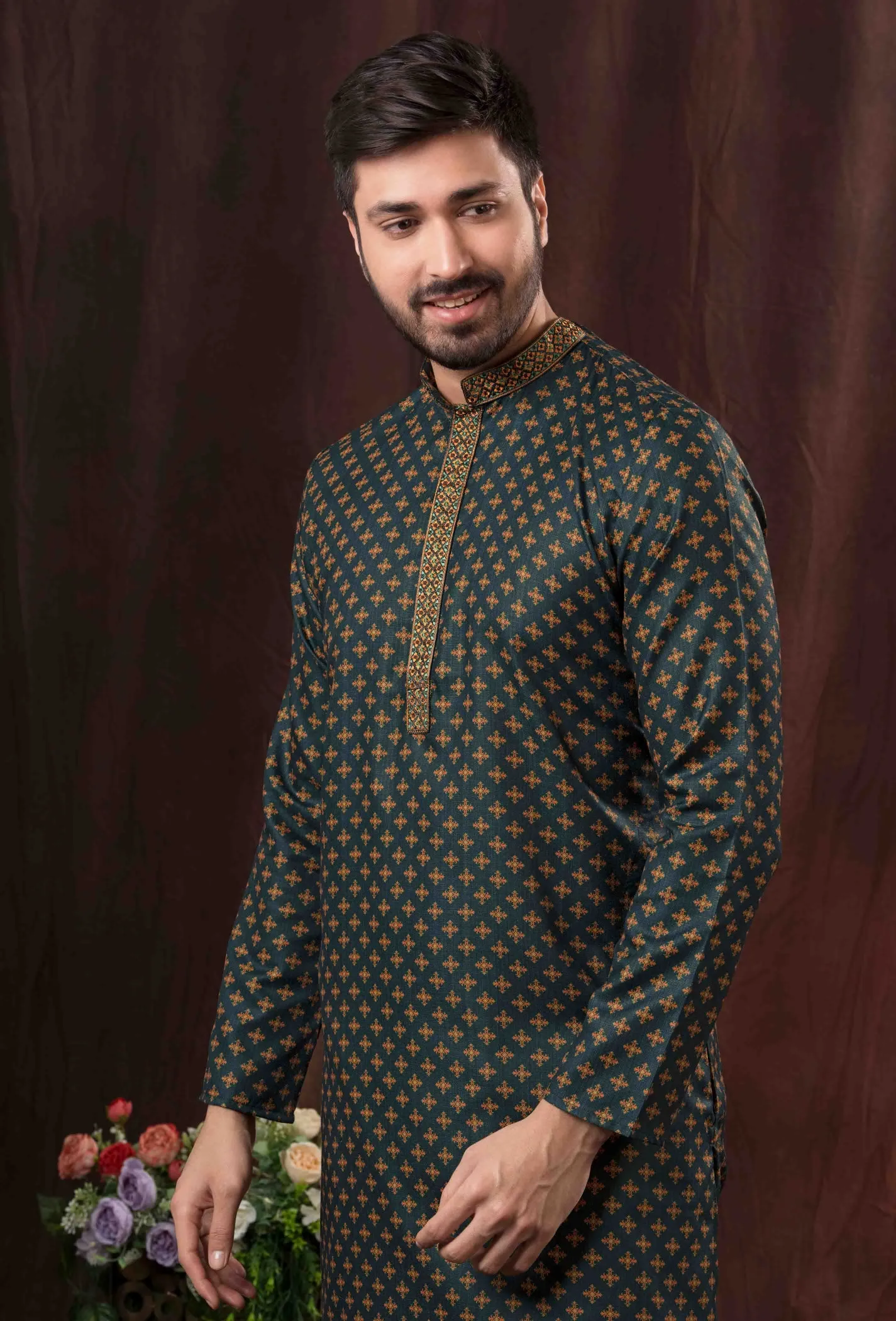 Appealing Grey Color Digital Printed Men's Kurta With Pajama pant Set