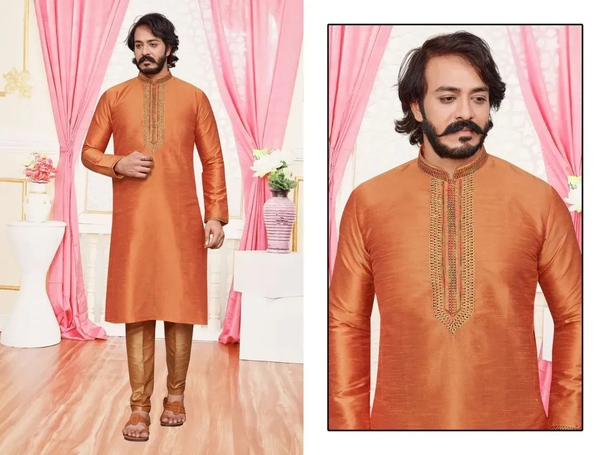 Attractive Light Orange Color Men's Ethnic Long Kurta With Pajama Set