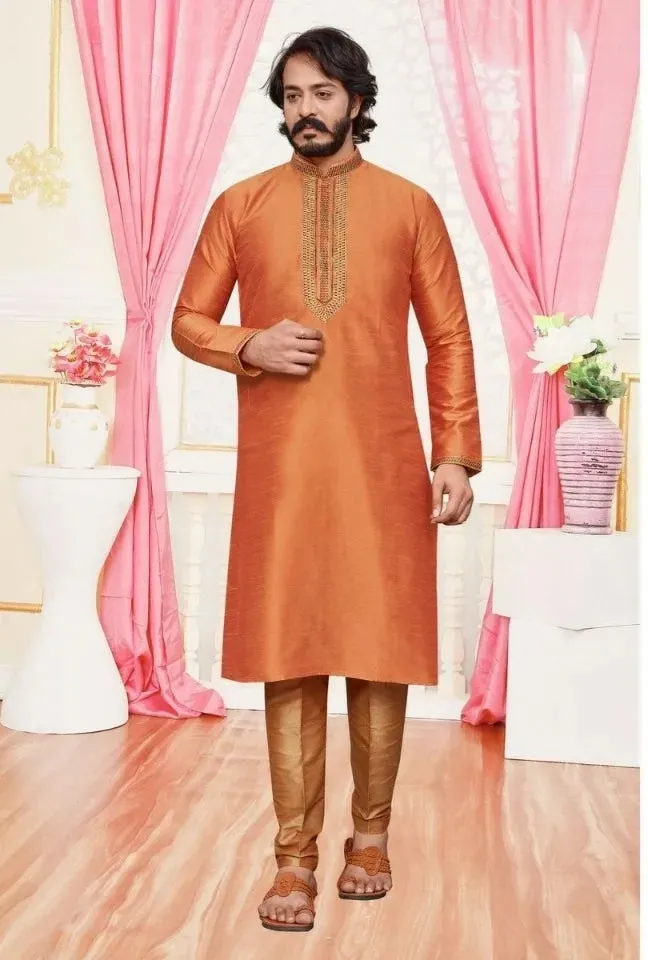 Attractive Light Orange Color Men's Ethnic Long Kurta With Pajama Set