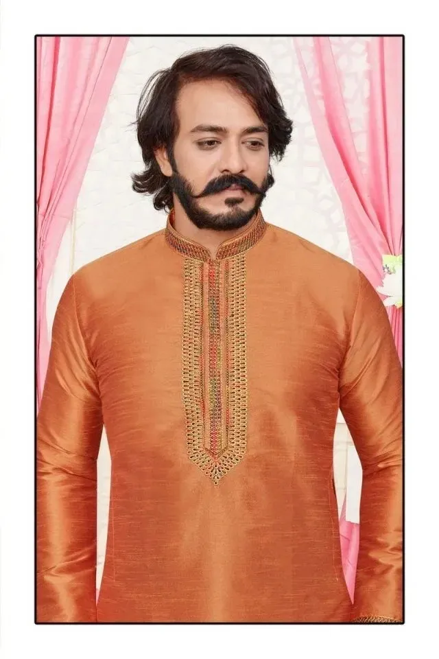 Attractive Light Orange Color Men's Ethnic Long Kurta With Pajama Set