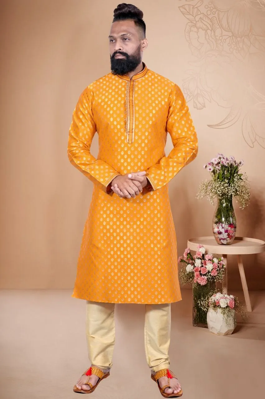 Attractive Men's Ethnic Kurta With Pajama Set - Yellow