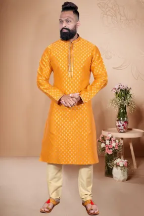 Attractive Men's Ethnic Kurta With Pajama Set - Yellow