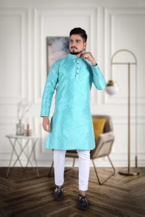 Attractive Men's Pure Sea Green Jacquard Cotton Silk Kurta Pajama Set