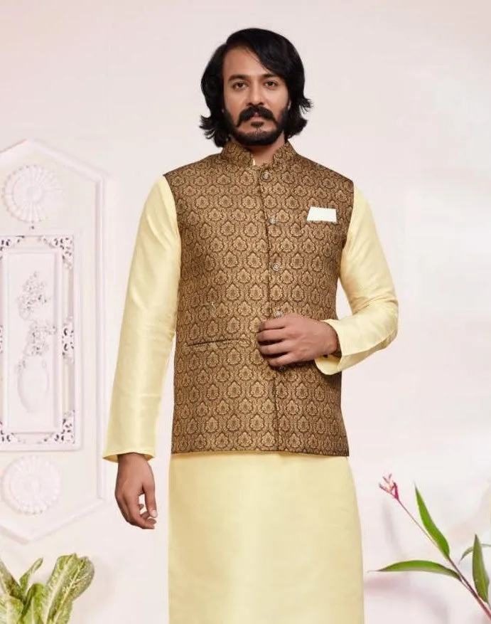 Beautiful Cream And Peach Fancy Wedding Kurta Pajama With Jacket