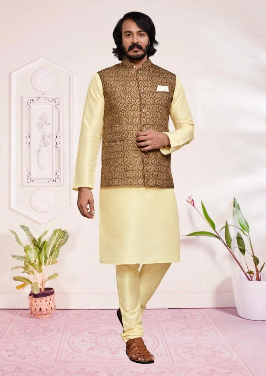 Beautiful Cream And Peach Fancy Wedding Kurta Pajama With Jacket