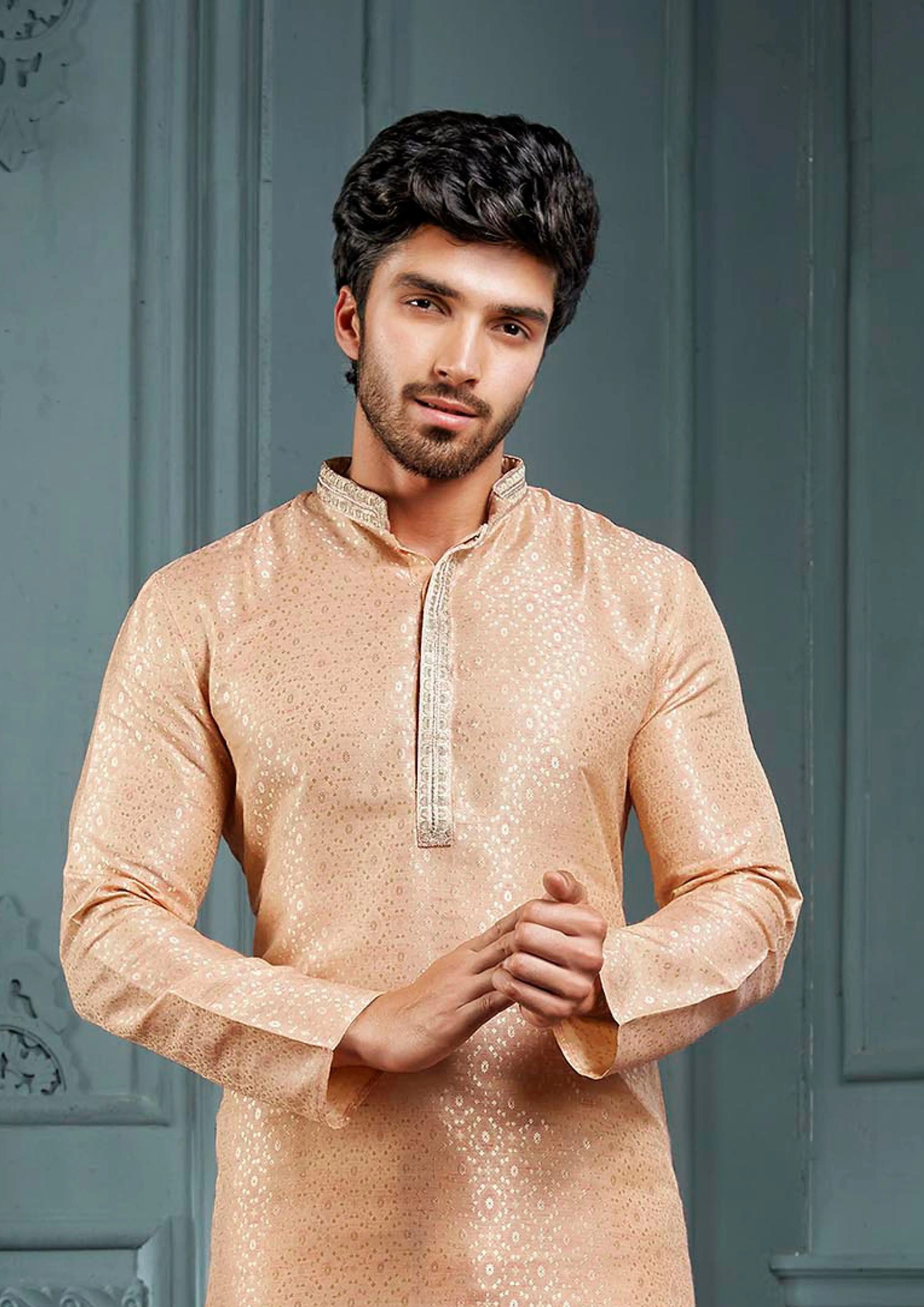 Beautiful Peach Colored Poly Cotton Pajama Pant With Poly Jacquard Kurta Sets