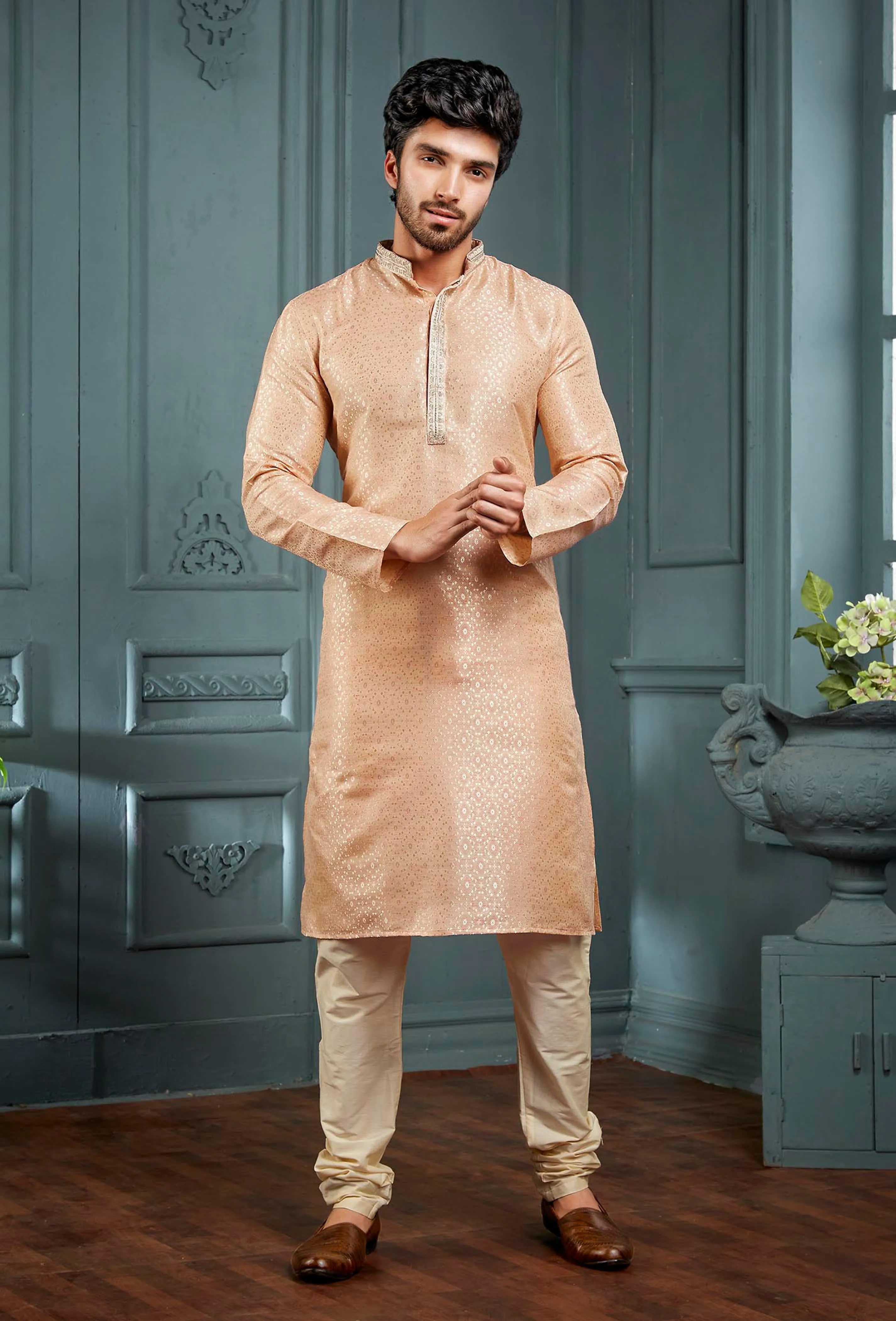 Beautiful Peach Colored Poly Cotton Pajama Pant With Poly Jacquard Kurta Sets