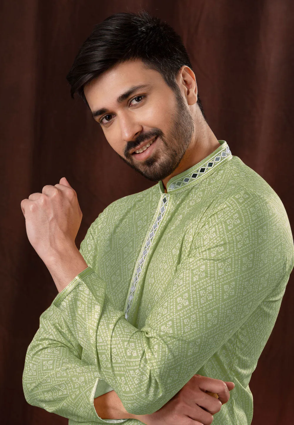 Beautiful Pista Green Cotton Kurta Pajama For Men