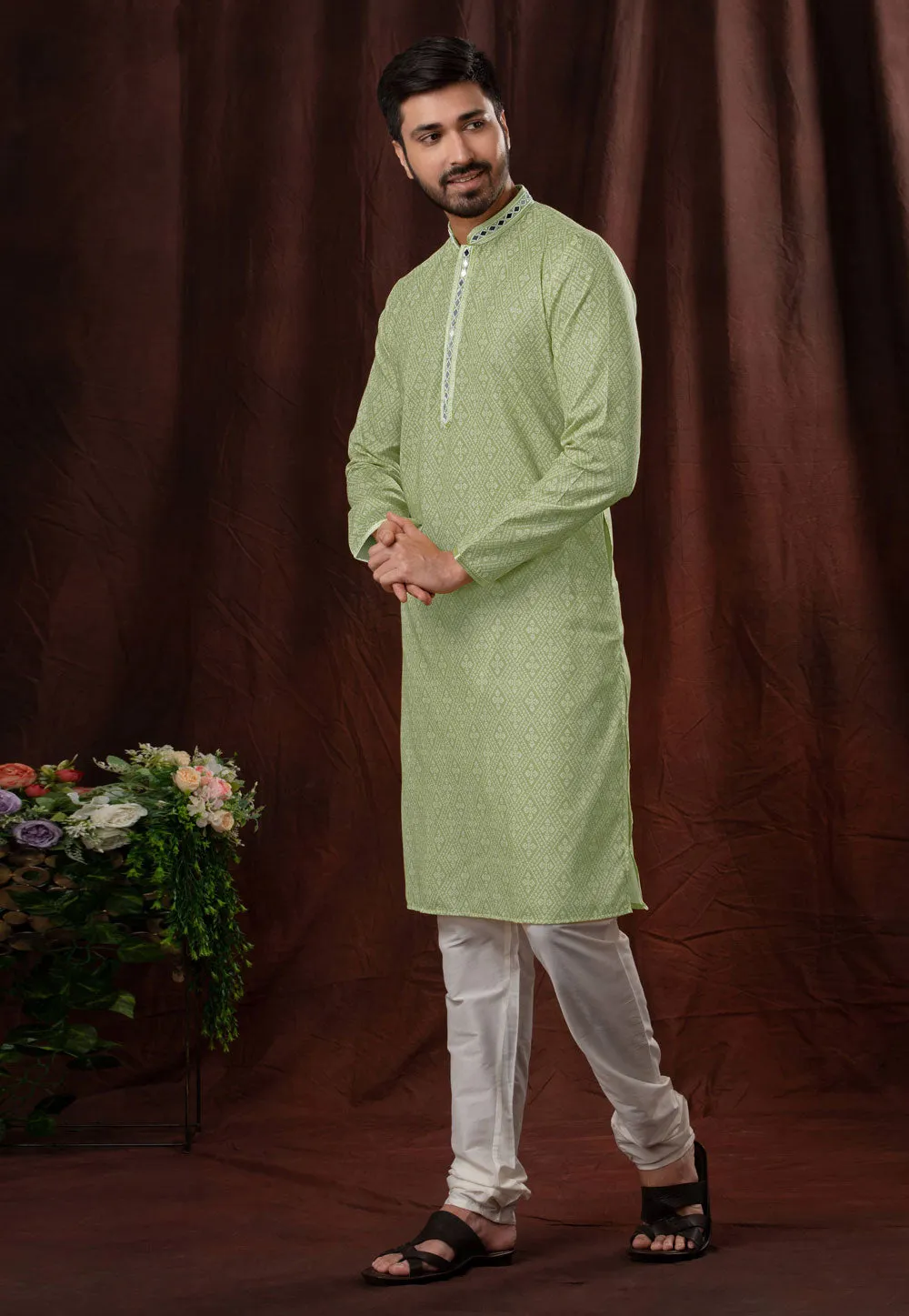 Beautiful Pista Green Cotton Kurta Pajama For Men