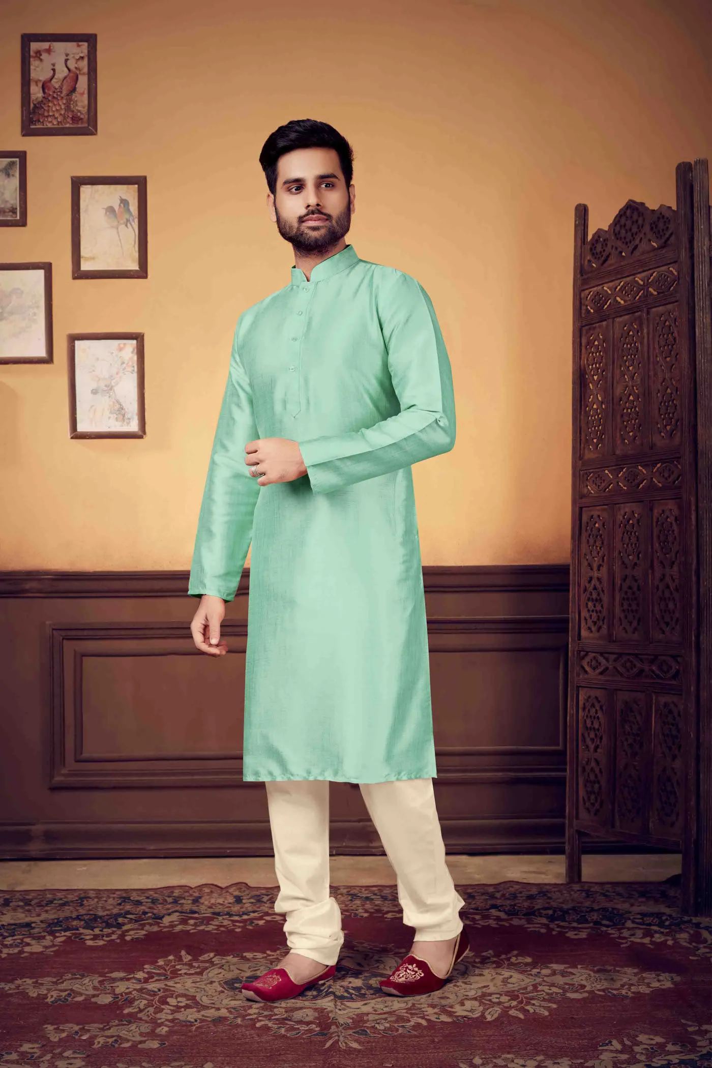 Beautiful Poly Blend Green Colored Party Wear Kurta Set