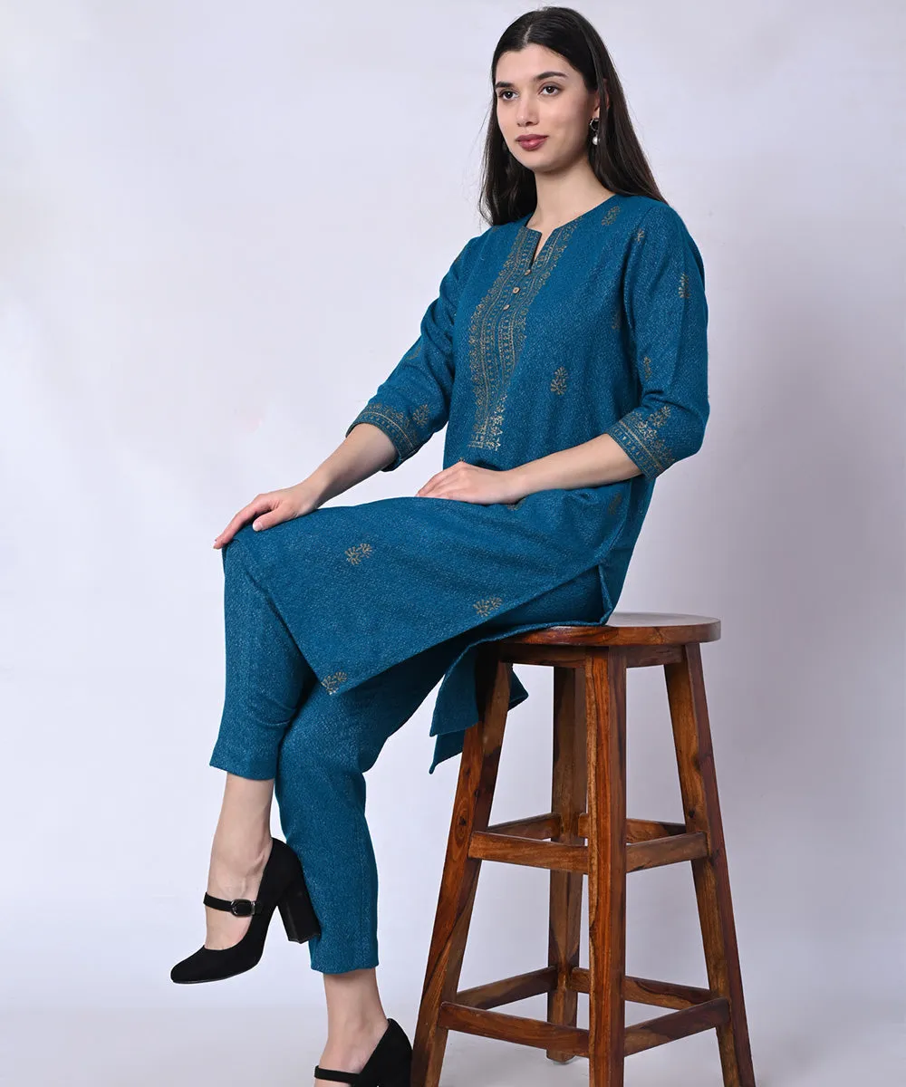 Blue hand block printed woolen kurta set