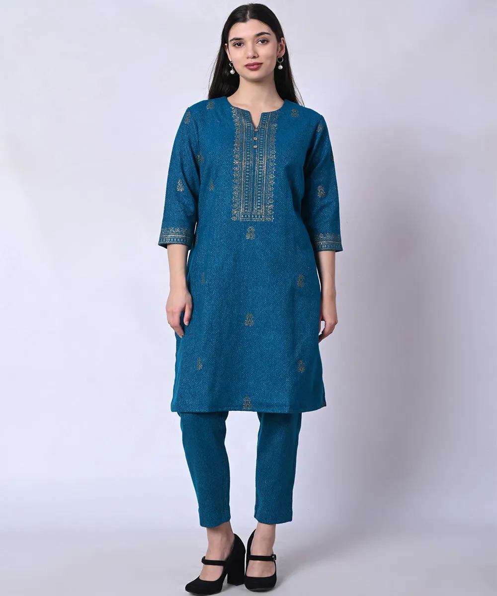 Blue hand block printed woolen kurta set