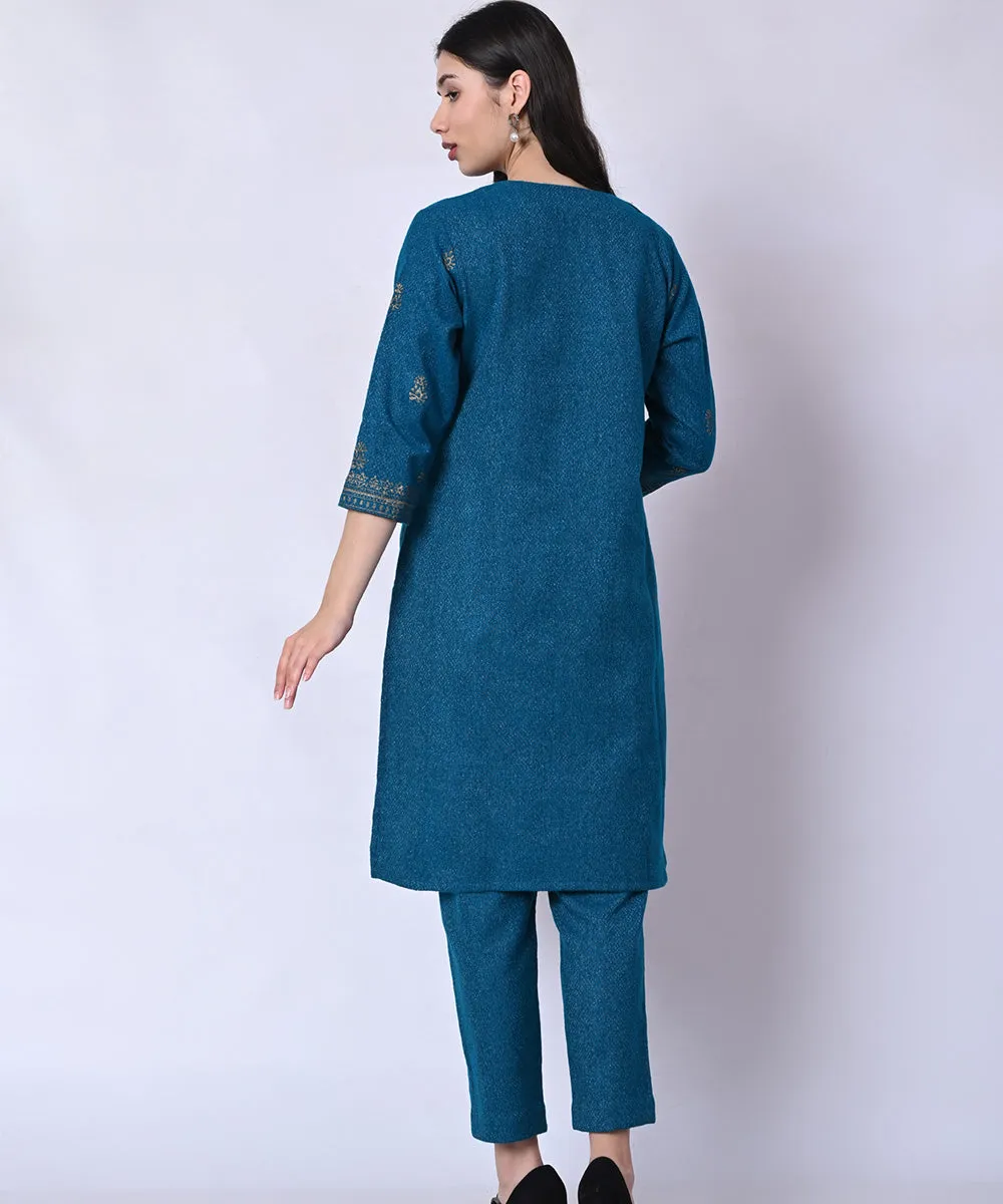 Blue hand block printed woolen kurta set