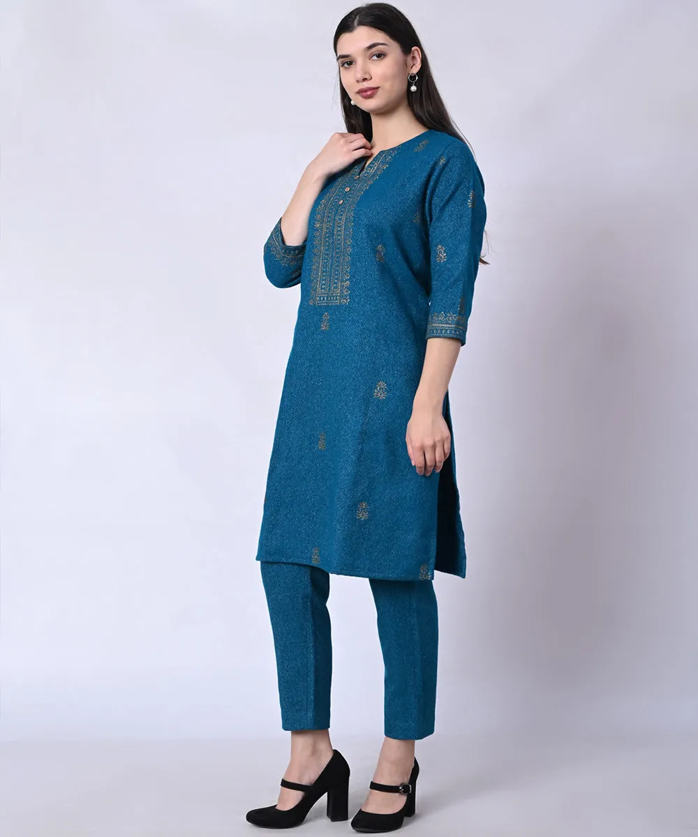 Blue hand block printed woolen kurta set