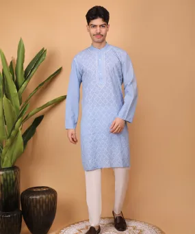 Blue hand embroidered cotton chikankari kurta