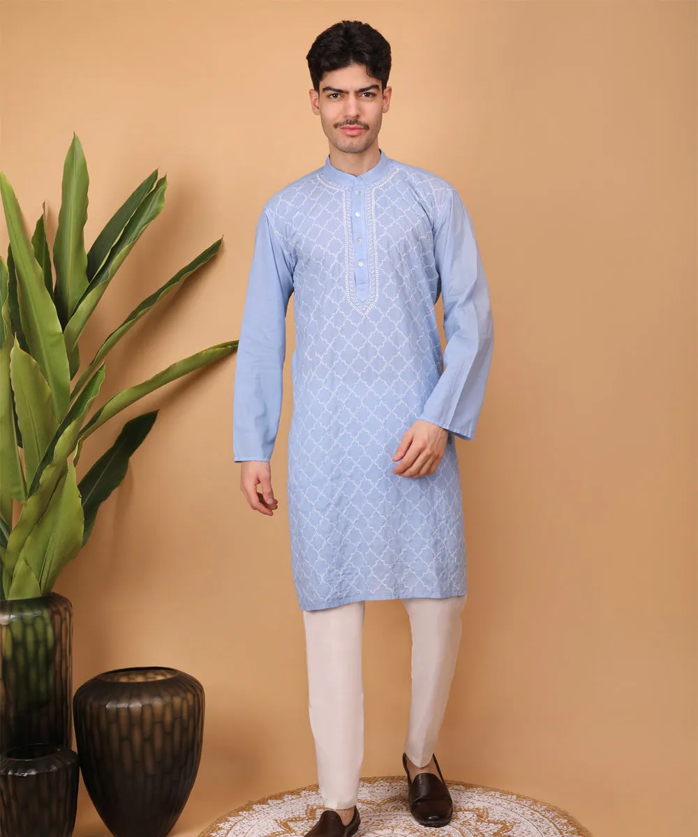 Blue hand embroidered cotton chikankari kurta