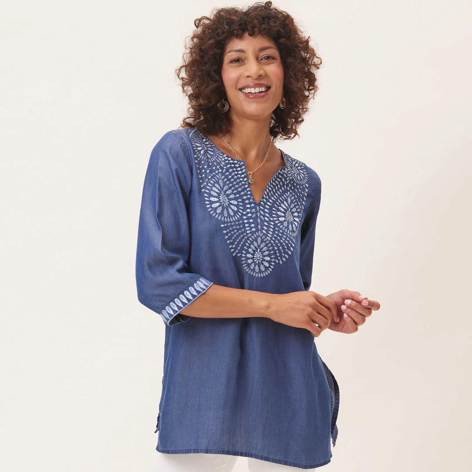 Chambray Top With Light Blue Embroidered Neckline