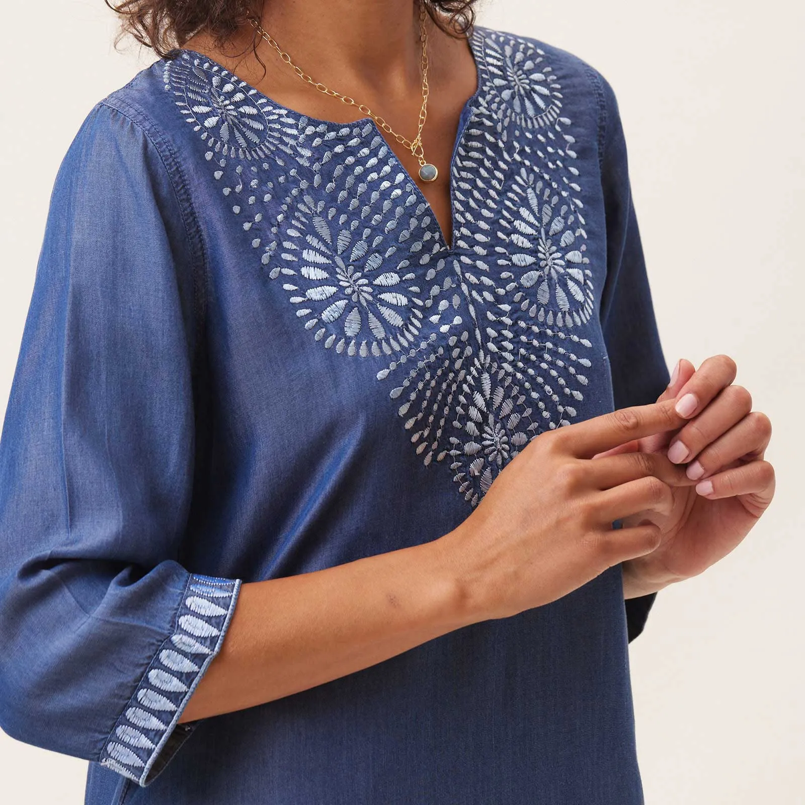 Chambray Top With Light Blue Embroidered Neckline