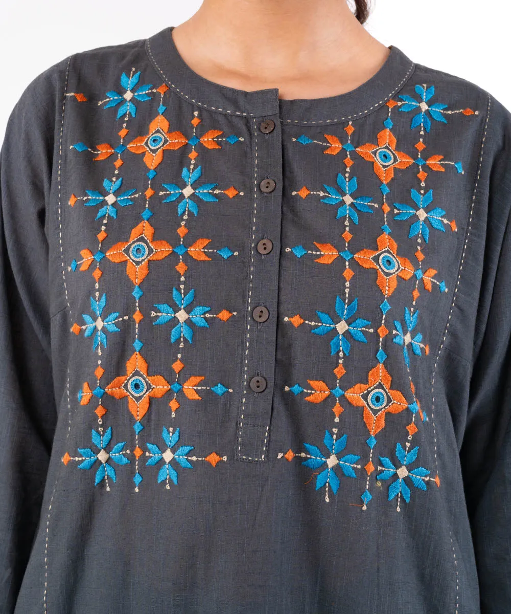 Charcoal hand embroidered cotton straight kurti