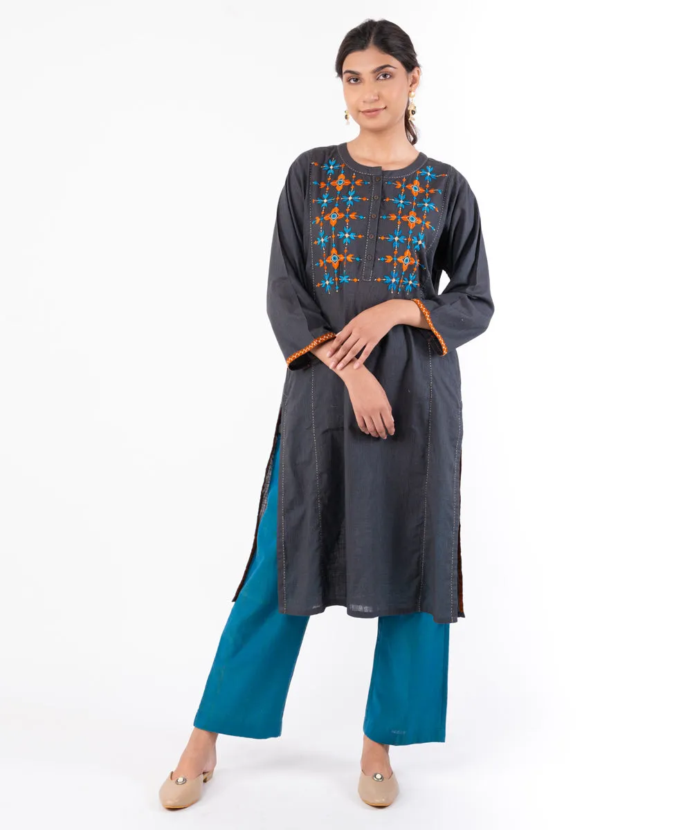 Charcoal hand embroidered cotton straight kurti