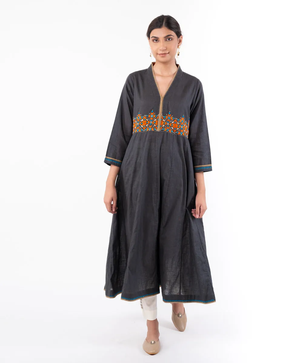 Charcoal hand embroidered cotton v neck kurti