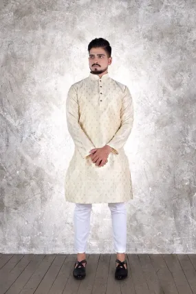 Cream Color Men's Pure Jacquard Cotton Silk Kurta Pajama Set