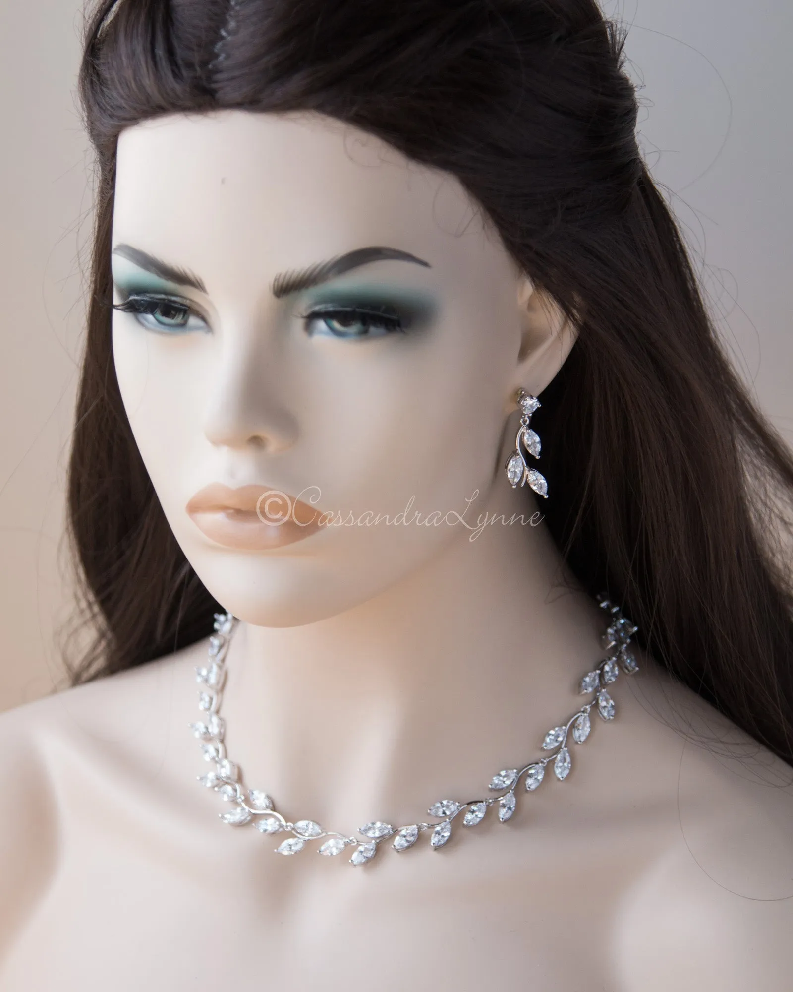 Cubic Zirconia Leaves Vine Bridal Necklace Set