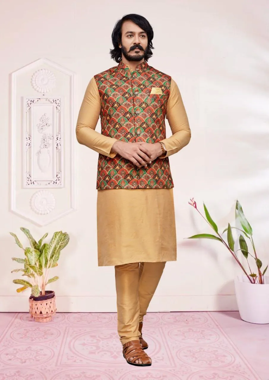 Dazzling Cream And Peach Fancy Wedding Kurta Pajama With Jacket