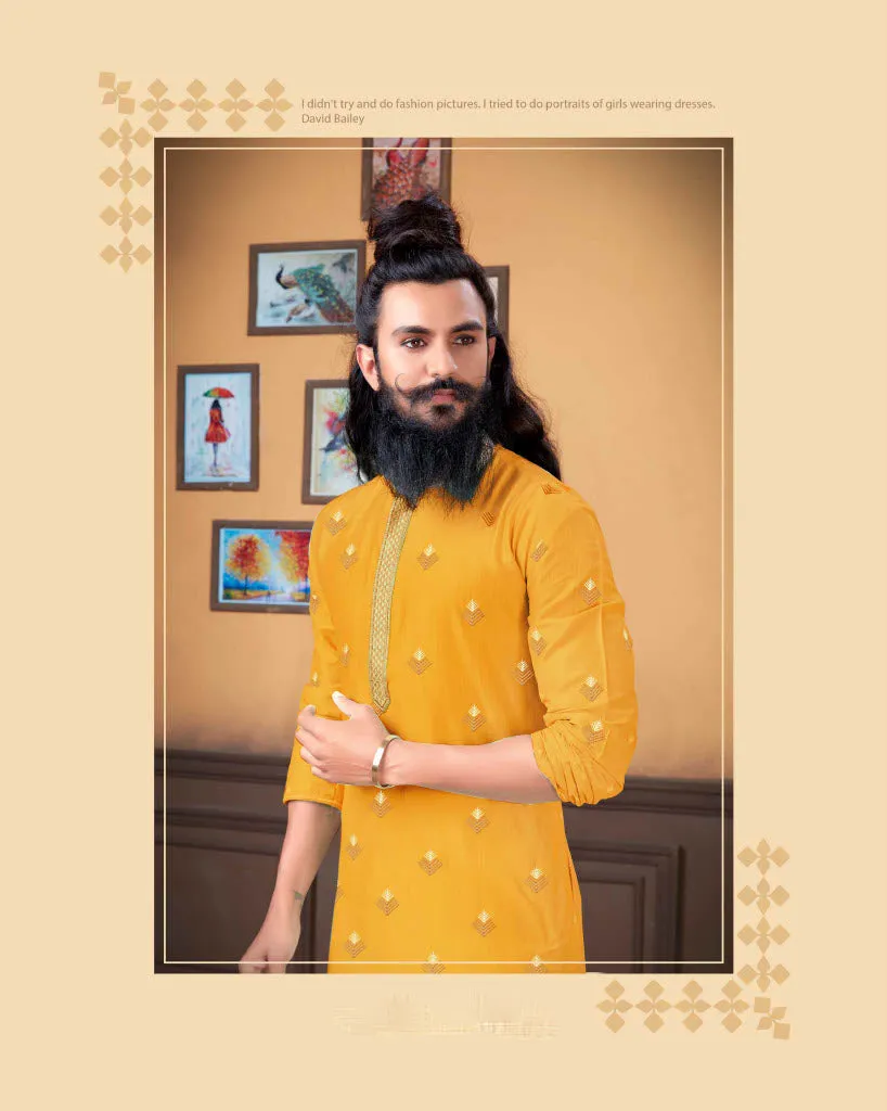 Dazzling Yellow Color Poly Blend Embroidery Kurta With Pajama Pant For Mens