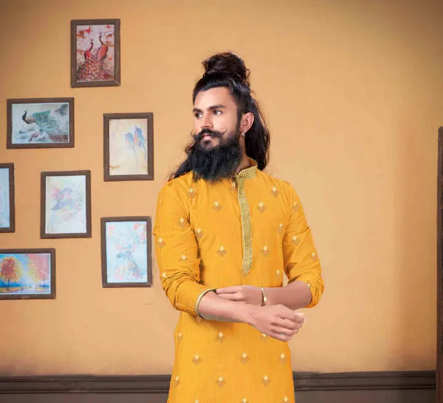 Dazzling Yellow Color Poly Blend Embroidery Kurta With Pajama Pant For Mens