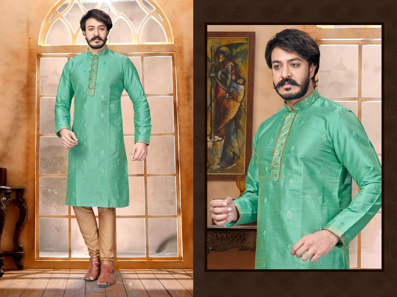 Designed Butti Embroidery Work Sherwani With Pant - Light Green