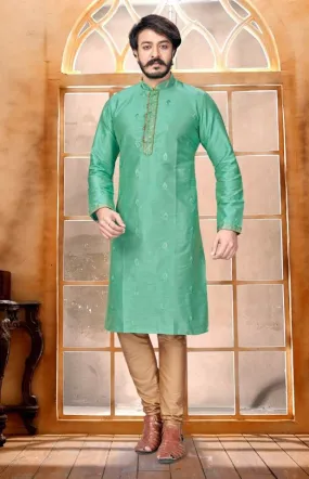 Designed Butti Embroidery Work Sherwani With Pant - Light Green