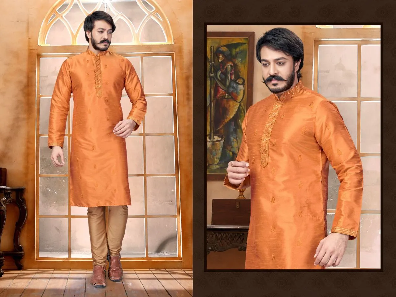 Designed Butti Embroidery Work Sherwani With Pant - Pale Orange