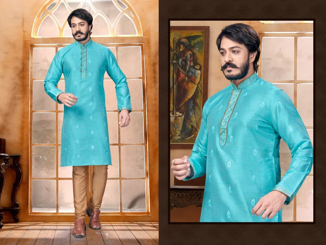 Designed Butti Embroidery Work Sherwani With Pant - Sky Blue