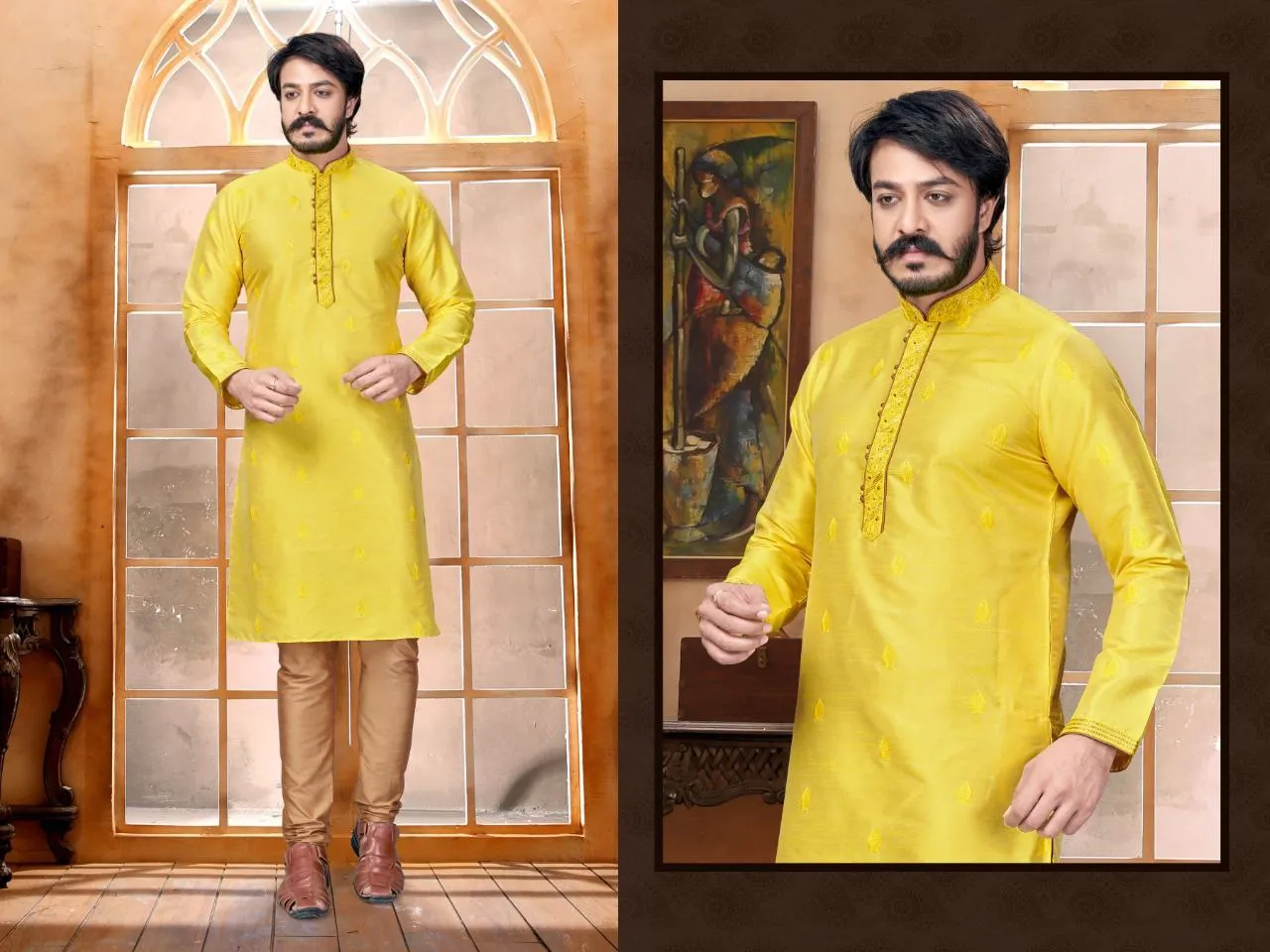 Designed Butti Embroidery Work Sherwani With Pant - Yellow