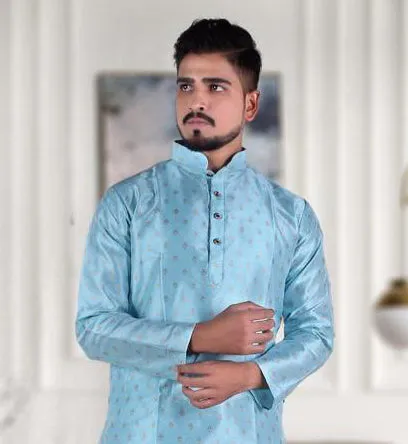 Designed Men's Pure Jacquard Cotton Silk Kurta Pajama Set - Light Blue