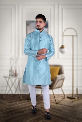 Designed Men's Pure Jacquard Cotton Silk Kurta Pajama Set - Light Blue