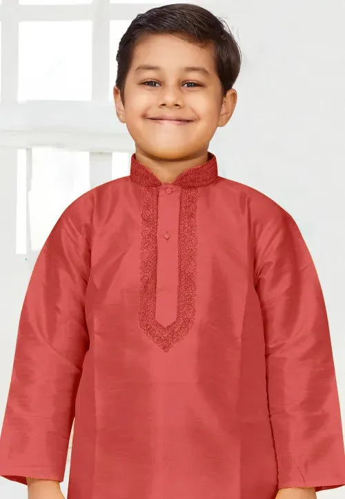 Dhupion Silk Kid's Kurta with Pajama Set - Red