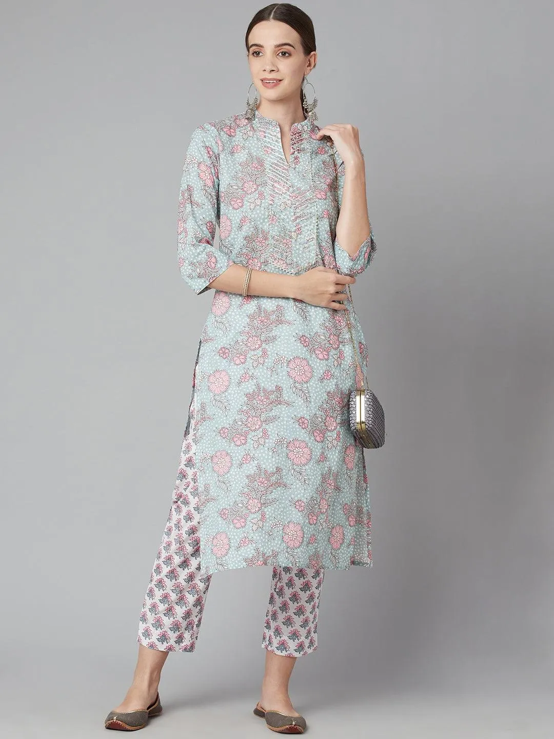 Divena Grey Pastel floral Printed Cotton kurta pant set