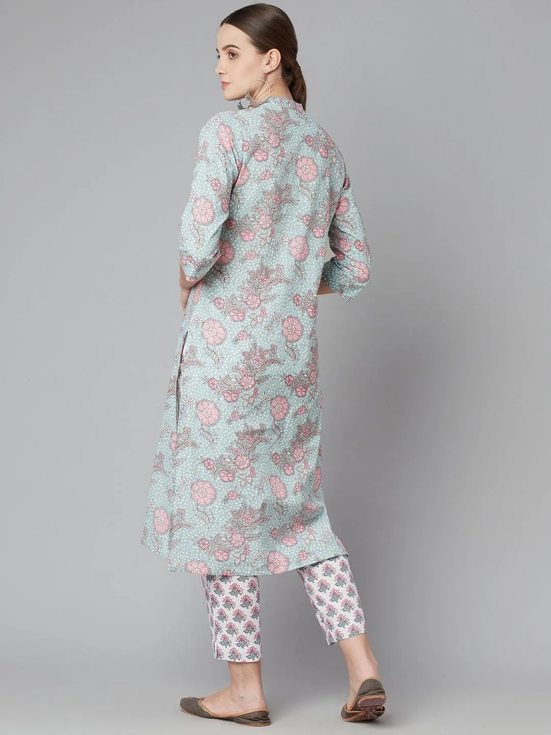 Divena Grey Pastel floral Printed Cotton kurta pant set