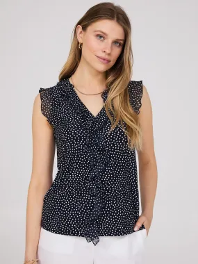 Dot Print Ruffle V-Neck Top