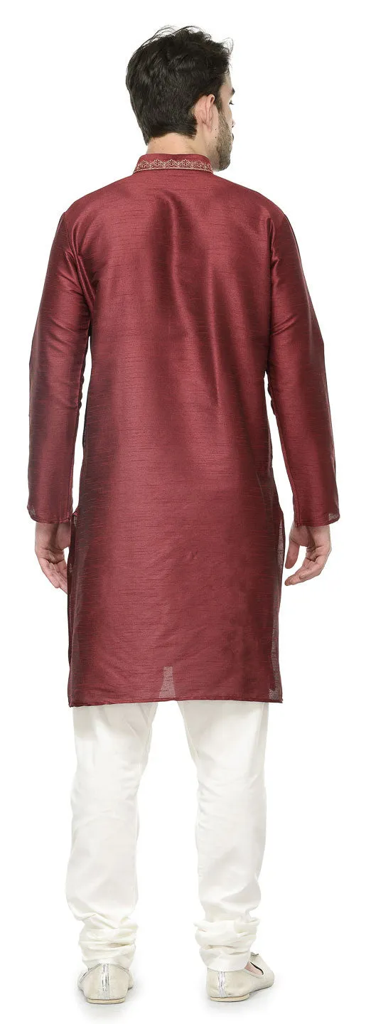 Dupion Silk Mens Party Wear Kurta Pyjama Indian Clothes (Maroon)