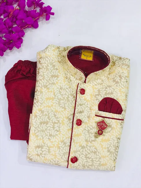 Elegant Maroon Color Boys Kurta Pajama Sets With Brooch Pin