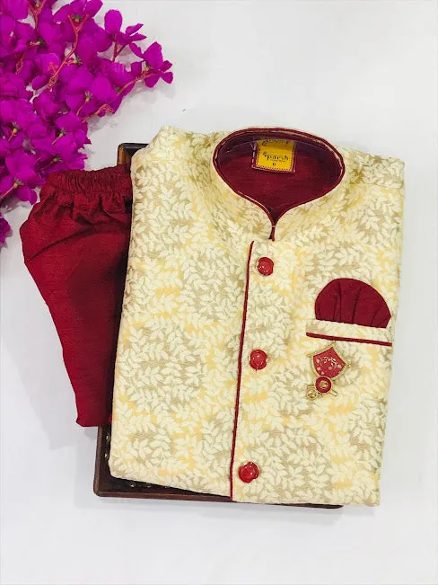 Elegant Maroon Color Boys Kurta Pajama Sets With Brooch Pin