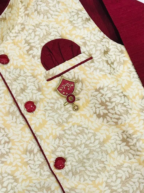 Elegant Maroon Color Boys Kurta Pajama Sets With Brooch Pin